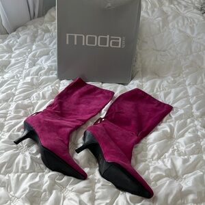 Moda Spana Women's Magenta Suede Over-the-Knee Mid Heel Boots